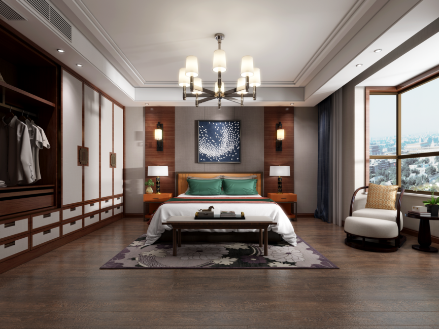 装修案例新中式风格别墅装修效果图-主卧 装修案例新中式风格别墅装修效果图-主卧