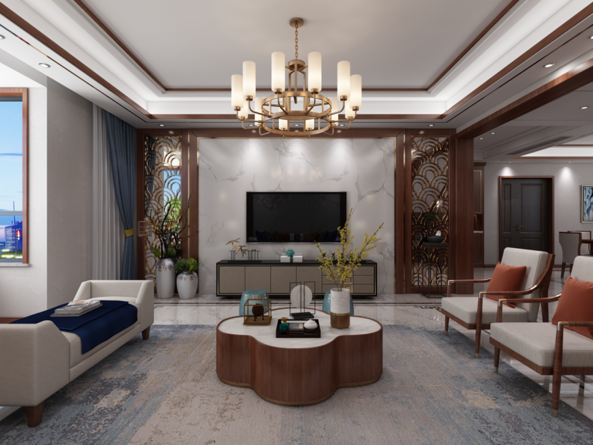 装修案例新中式风格别墅装修效果图-电视背景墙 装修案例新中式风格别墅装修效果图-电视背景墙